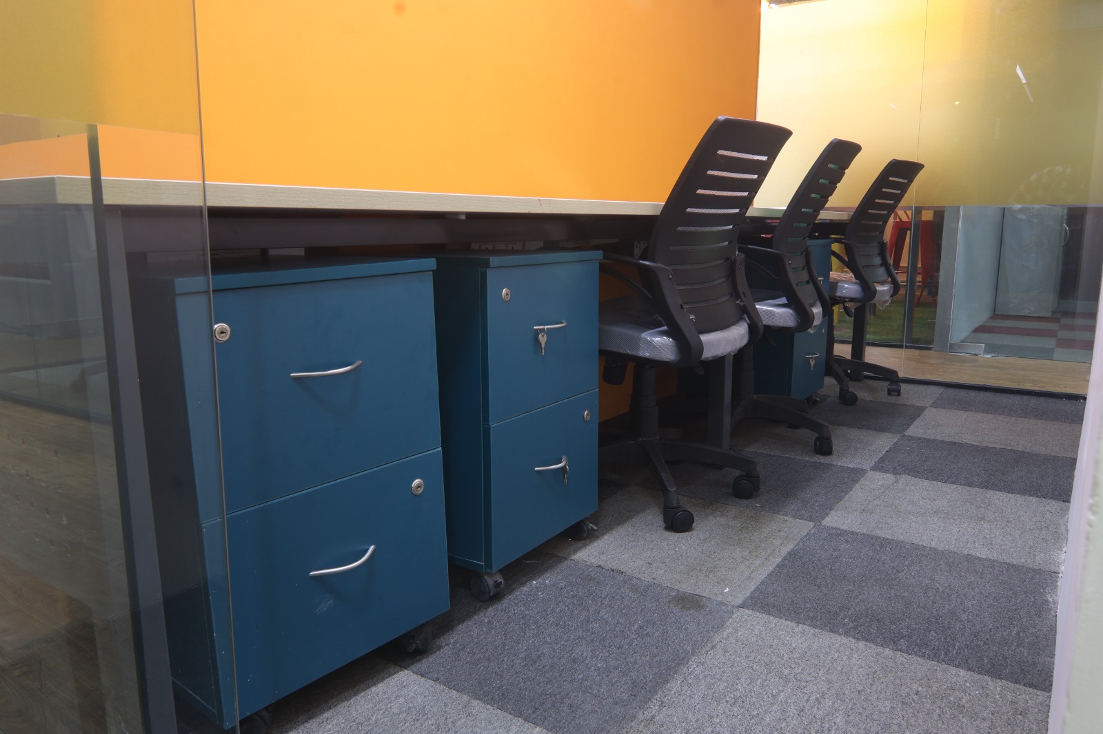 Office Desk and chairs with employee lockers